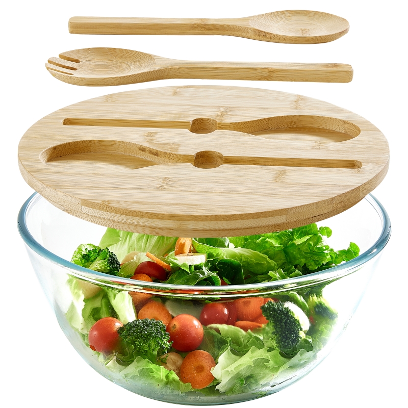 ECOWAY All-in-One Glass Salad Bowl Set with Bamboo Lid & Utensils