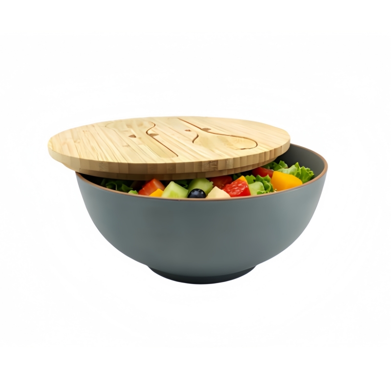 Ecoway rPET Salad Bowl + Bamboo Lid + Bamboo Salad Servers |  All-In-One Salad Bowl Set